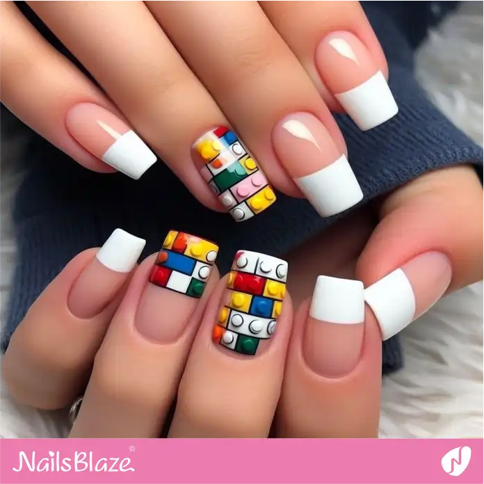 Glossy French Nails Colorful LEGO Design | Game Nails - NB2710